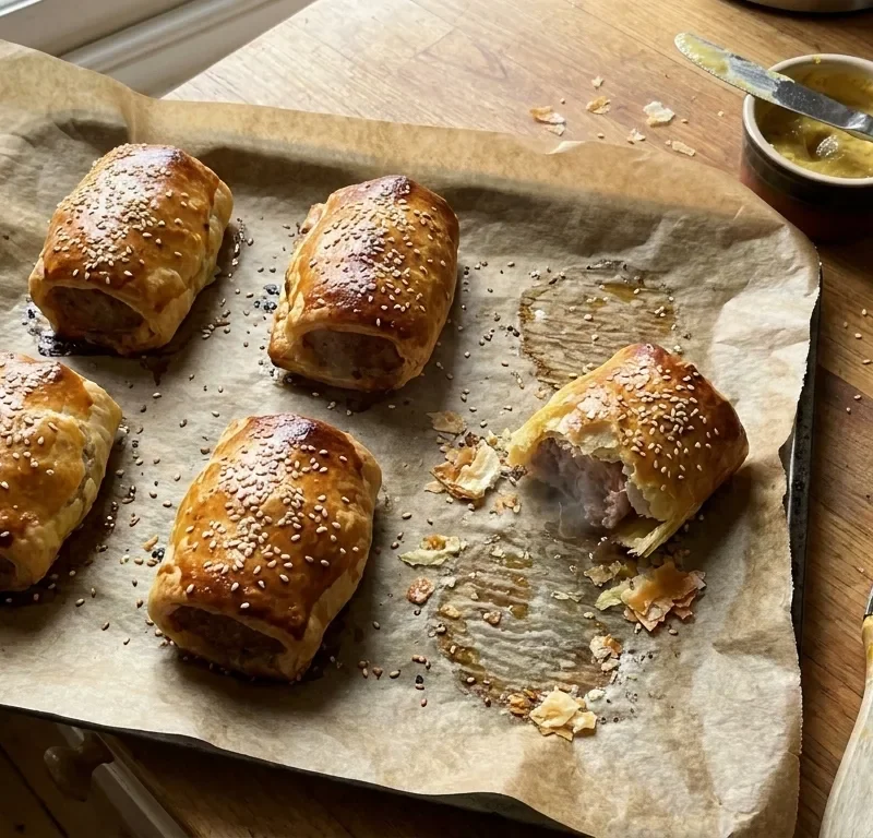 Gordon Ramsay sausage rolls fresh from the oven: six golden puff pastry rolls with sesame seeds on greaseproof paper, one broken open showing the sausage filling, with English mustard and pastry brush
