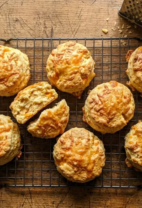 Gordon Ramsay cheese scones with golden Cheddar crust on a wire cooling rack