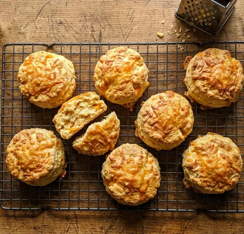 Gordon Ramsay cheese scones with golden Cheddar crust on a wire cooling rack