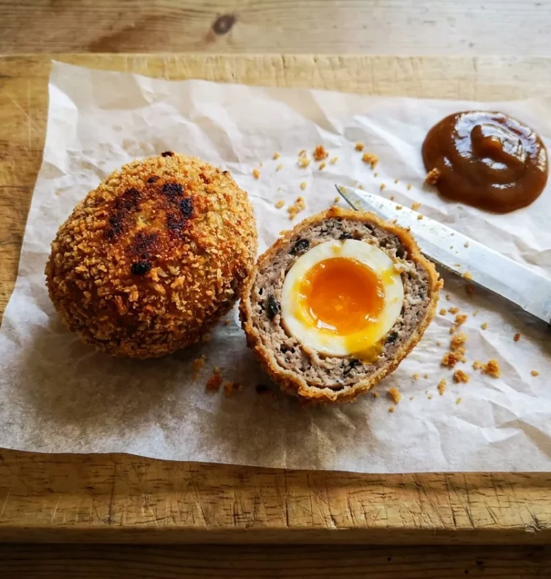Gordon Ramsay scotch eggs cut in half showing jammy yolk and black pudding sausage meat with panko coating