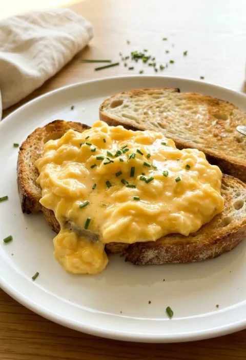 Gordon Ramsay scrambled eggs soft creamy curds with chives on toasted sourdough
