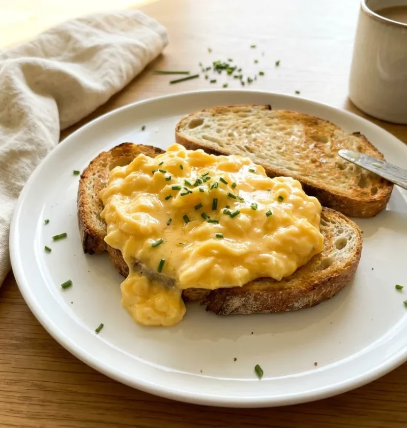 Gordon Ramsay scrambled eggs soft creamy curds with chives on toasted sourdough