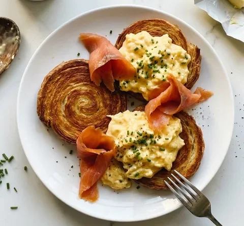 Gordon Ramsay scrambled eggs with smoked salmon on toasted croissant rounds, soft creamy egg curds with chives and salmon ribbons draped on top