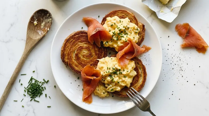 Gordon Ramsay scrambled eggs with smoked salmon on toasted croissant rounds, soft creamy egg curds with chives and salmon ribbons draped on top