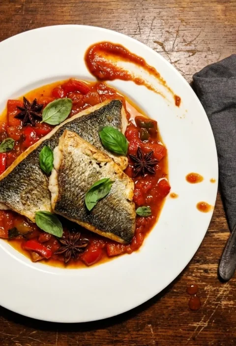 Gordon Ramsay sea bass with pepper sauce, star anise and basil on a white plate