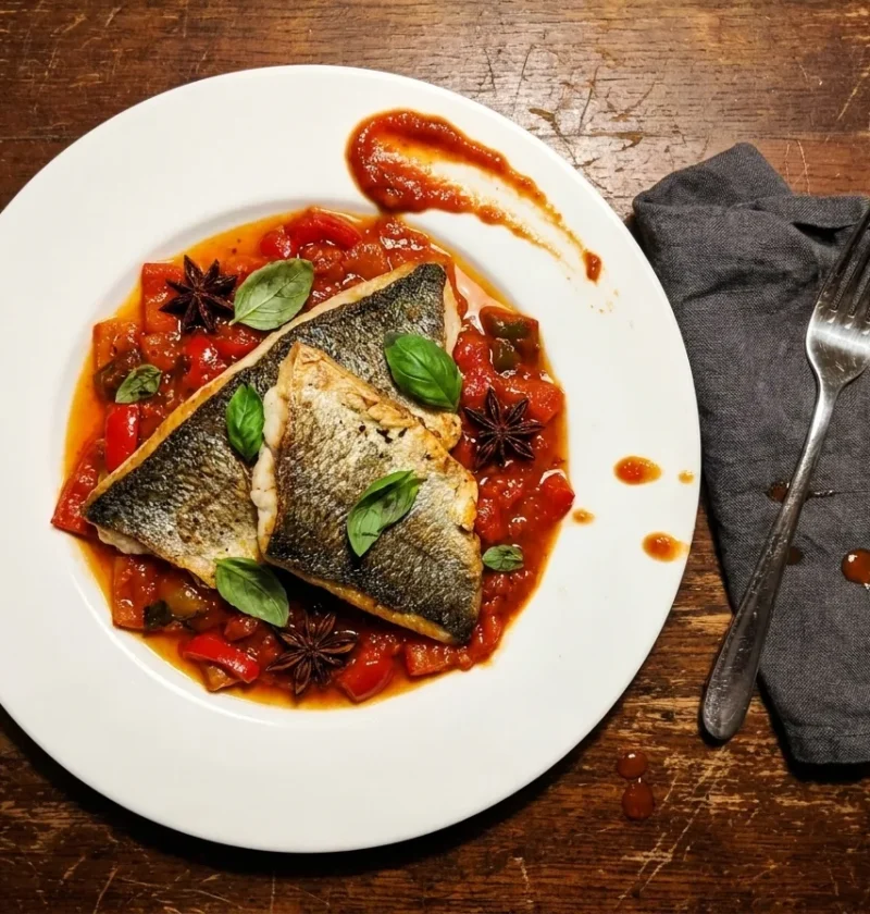 Gordon Ramsay sea bass with pepper sauce, star anise and basil on a white plate