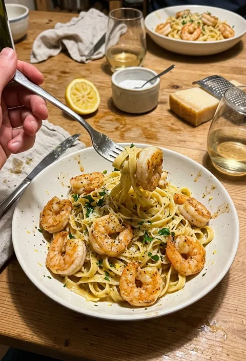 Homemade shrimp alfredo with seared king prawns on golden brown butter fettuccine with parsley and Parmesan