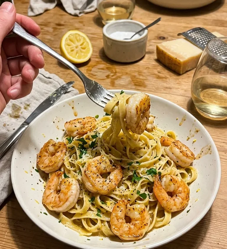 Homemade shrimp alfredo with seared king prawns on golden brown butter fettuccine with parsley and Parmesan