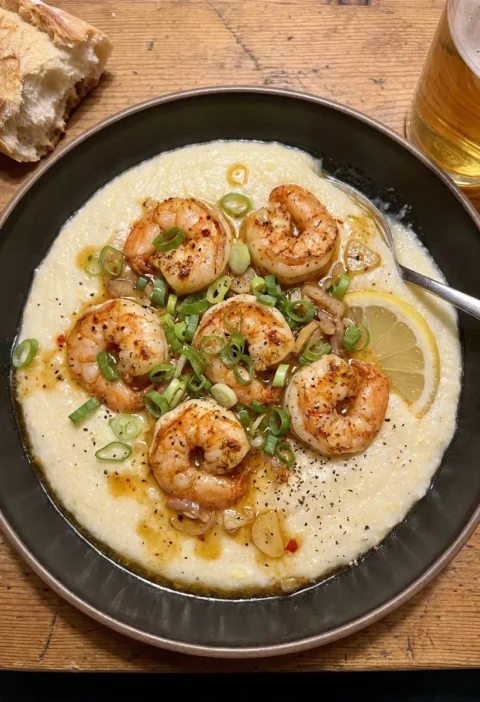 Shrimp and grits in a dark bowl with Creole-seasoned seared prawns over brown butter Parmesan grits with spring onions butter sauce and lemon