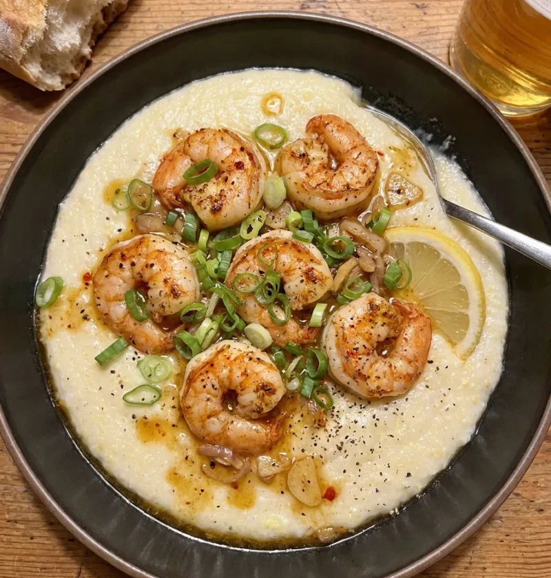 Shrimp and grits in a dark bowl with Creole-seasoned seared prawns over brown butter Parmesan grits with spring onions butter sauce and lemon