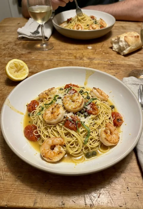 Shrimp scampi with capellini pasta in a golden white wine and caper sauce with seared prawns blistered cherry tomatoes basil and Parmesan