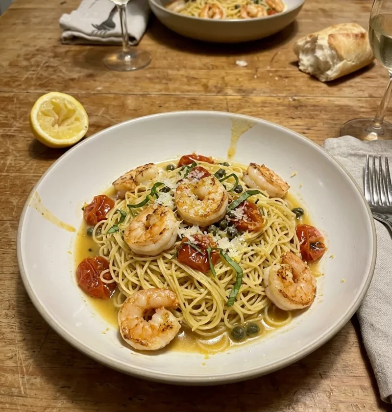 Shrimp scampi with capellini pasta in a golden white wine and caper sauce with seared prawns blistered cherry tomatoes basil and Parmesan