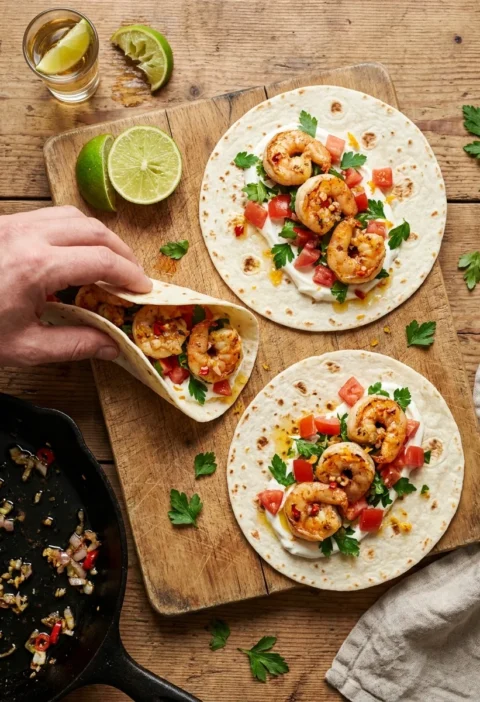 Shrimp tacos with tequila-flambeed prawns on soft flour tortillas with creme fraiche diced tomato and parsley on a wooden board with lime and tequila