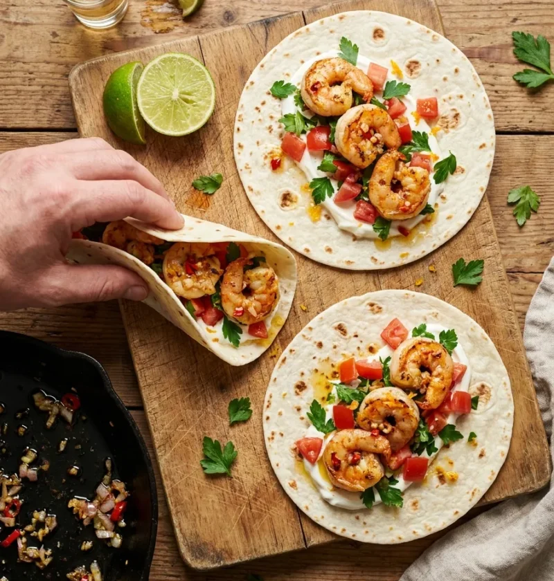 Shrimp tacos with tequila-flambeed prawns on soft flour tortillas with creme fraiche diced tomato and parsley on a wooden board with lime and tequila