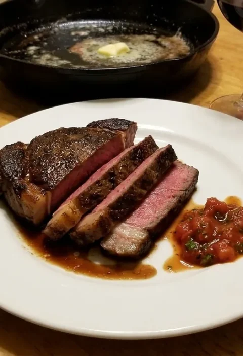 Gordon Ramsay sirloin steak sliced medium-rare with tomato tarragon dressing on a white plate