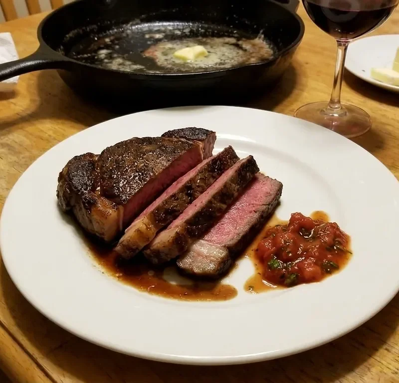 Gordon Ramsay sirloin steak sliced medium-rare with tomato tarragon dressing on a white plate