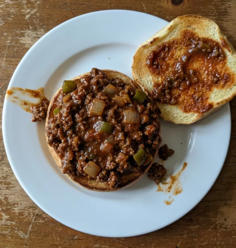 Gordon Ramsay sloppy joes, thick spiced beef mince in a sweet tangy tomato sauce piled into a toasted bun on a white plate
