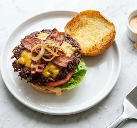 Gordon Ramsay smash burger with thin crispy lacy-edged patty, melted Cheddar, bacon, fried onions and sriracha mayo on a toasted brioche bun