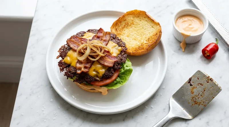Gordon Ramsay smash burger with thin crispy lacy-edged patty, melted Cheddar, bacon, fried onions and sriracha mayo on a toasted brioche bun