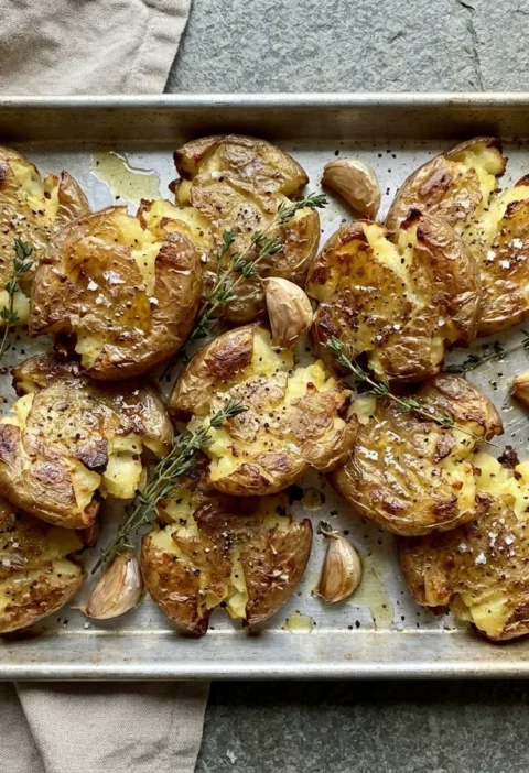 Gordon Ramsay smashed potatoes, crispy golden flattened baby potatoes with garlic and thyme on a tray