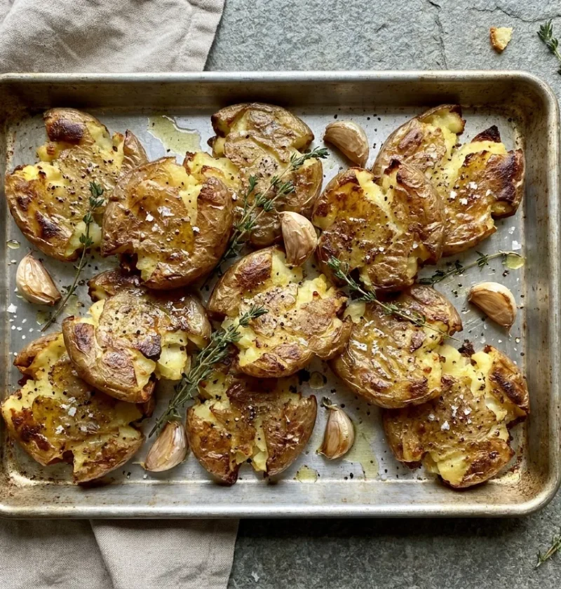 Gordon Ramsay smashed potatoes, crispy golden flattened baby potatoes with garlic and thyme on a tray