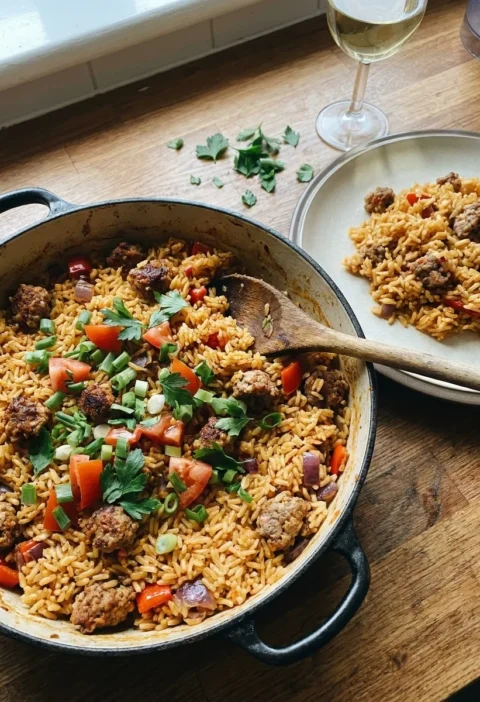 Gordon Ramsay spicy sausage rice with crumbled Italian sausage red pepper and paprika in a casserole dish