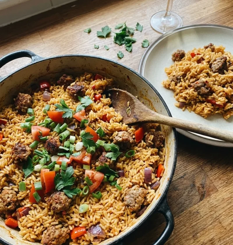 Gordon Ramsay spicy sausage rice with crumbled Italian sausage red pepper and paprika in a casserole dish