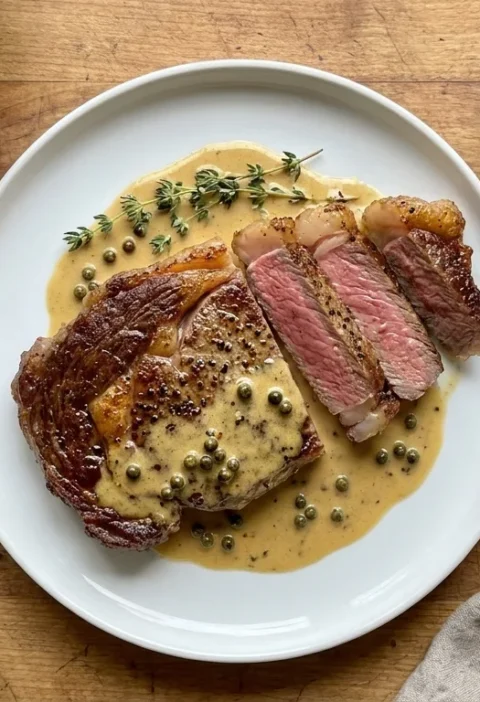 Gordon Ramsay steak au poivre sliced rib-eye with green peppercorn cream sauce