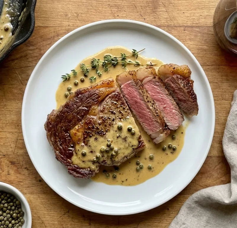 Gordon Ramsay steak au poivre sliced rib-eye with green peppercorn cream sauce