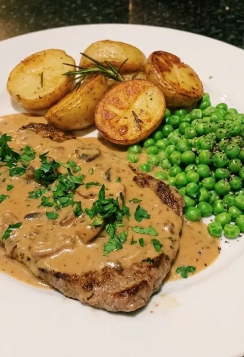 Gordon Ramsay steak Diane with mushroom cream sauce sauteed potatoes and peas