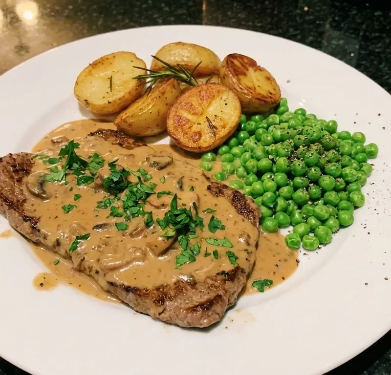 Gordon Ramsay steak Diane with mushroom cream sauce sauteed potatoes and peas