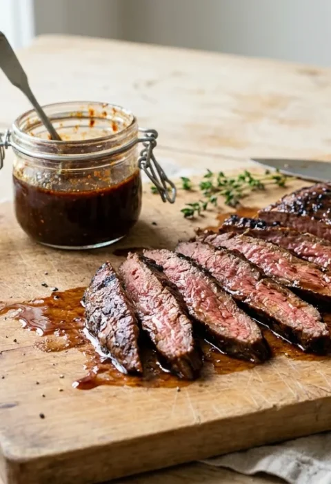 Gordon Ramsay steak marinade sliced flank steak with dark BBQ glaze on a wooden board