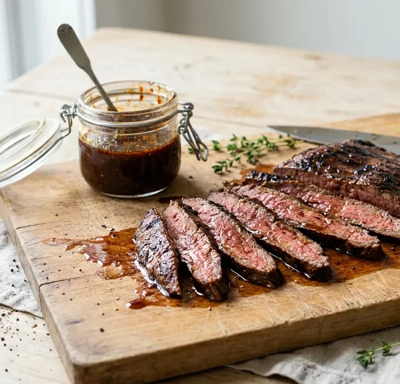 Gordon Ramsay steak marinade sliced flank steak with dark BBQ glaze on a wooden board