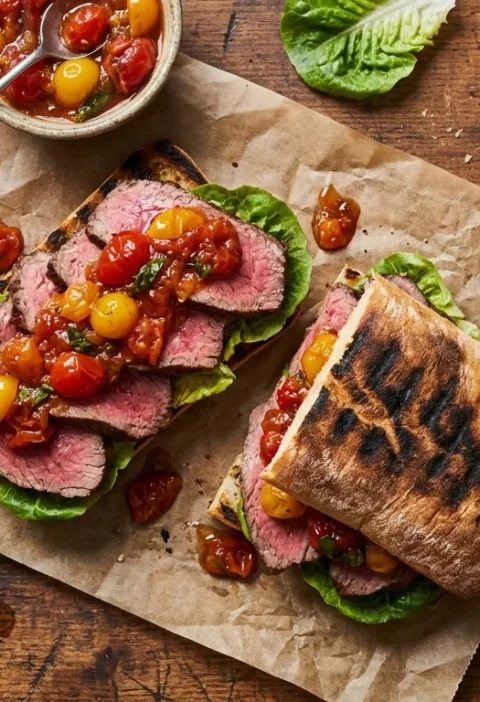 Gordon Ramsay steak sandwich with pink fillet beef, tomato relish and mustard mayo on griddled ciabatta