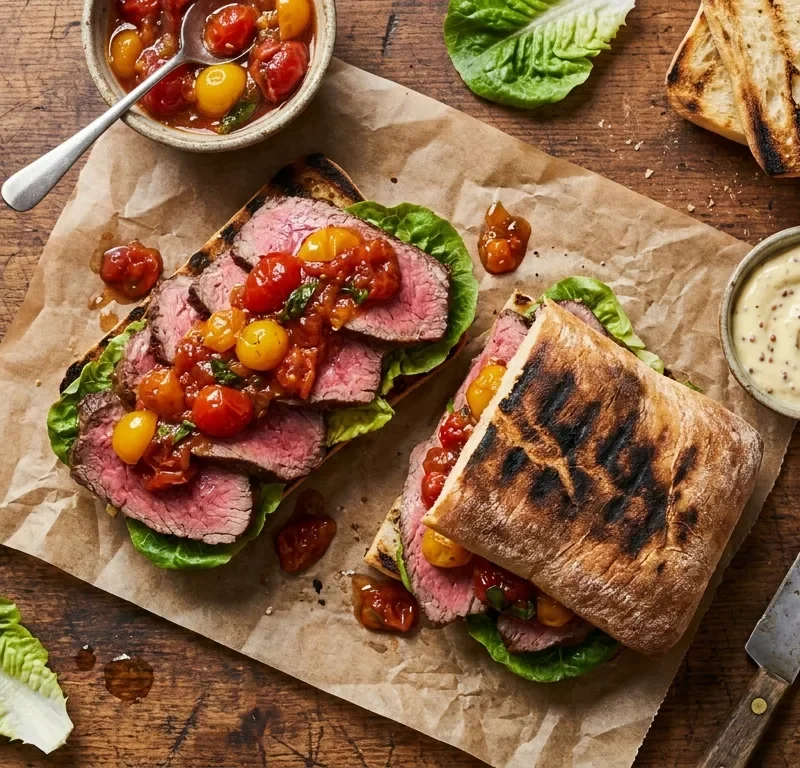 Gordon Ramsay steak sandwich with pink fillet beef, tomato relish and mustard mayo on griddled ciabatta