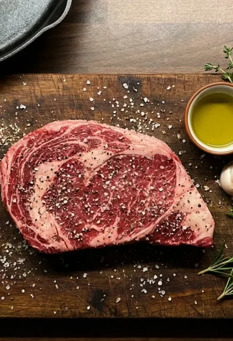 Raw steak on a wooden board with coarse sea salt and cracked black pepper, olive oil, garlic, thyme and rosemary for Gordon Ramsay steak seasoning