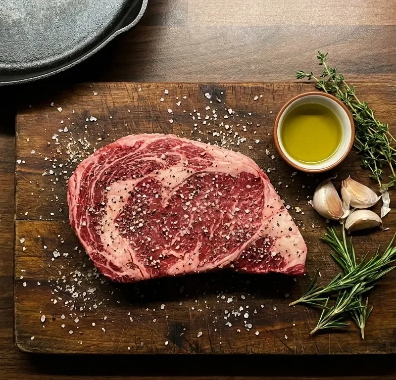 Raw steak on a wooden board with coarse sea salt and cracked black pepper, olive oil, garlic, thyme and rosemary for Gordon Ramsay steak seasoning