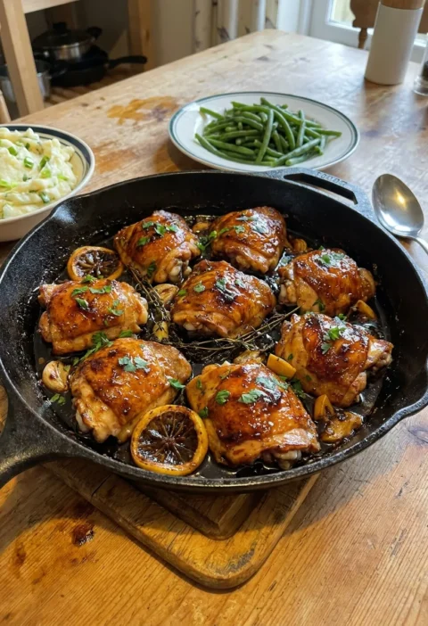 Gordon Ramsay sticky lemon chicken thighs with glossy soy honey glaze caramelised lemon slices and thyme in a cast iron pan with champ and green beans