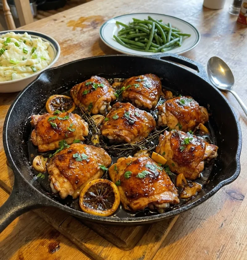 Gordon Ramsay sticky lemon chicken thighs with glossy soy honey glaze caramelised lemon slices and thyme in a cast iron pan with champ and green beans