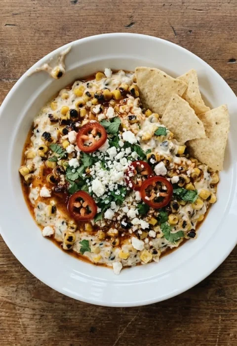 Gordon Ramsay street corn dip, charred sweetcorn in a creamy chipotle base with crumbled cheese, coriander, chilli and tortilla chips