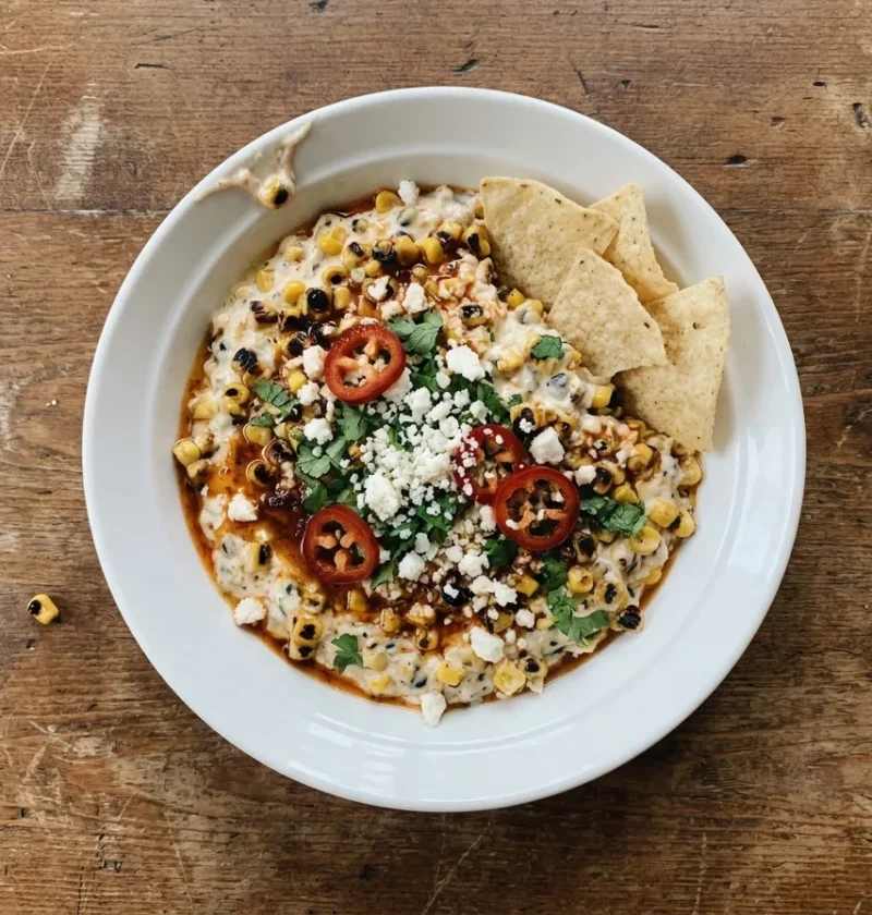 Gordon Ramsay street corn dip, charred sweetcorn in a creamy chipotle base with crumbled cheese, coriander, chilli and tortilla chips