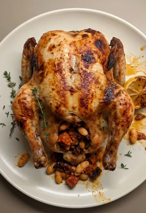 Gordon Ramsay stuffed roast chicken with chorizo and cannellini bean stuffing spilling from the cavity
