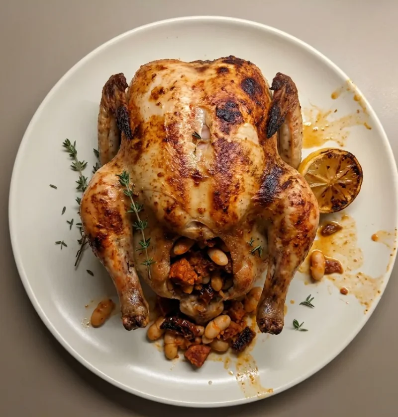 Gordon Ramsay stuffed roast chicken with chorizo and cannellini bean stuffing spilling from the cavity