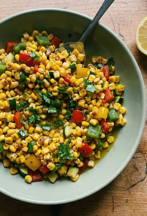 Gordon Ramsay succotash with toasted sweetcorn, red green and yellow peppers, courgette and fresh coriander in a bowl