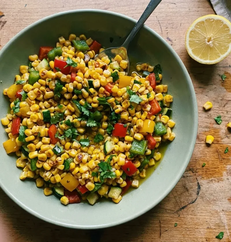 Gordon Ramsay succotash with toasted sweetcorn, red green and yellow peppers, courgette and fresh coriander in a bowl