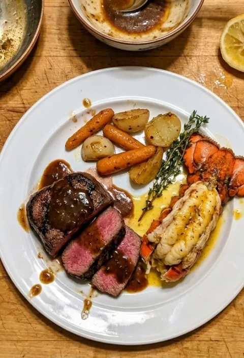 Gordon Ramsay surf and turf filet mignon with lobster tail saffron butter and cognac sauce