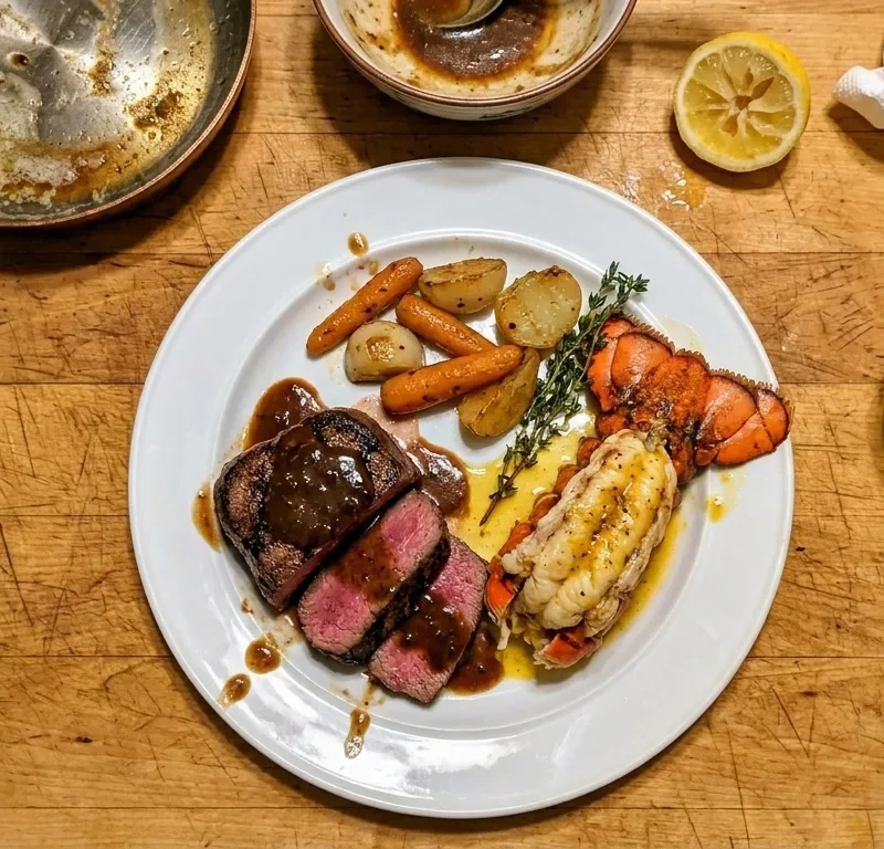 Gordon Ramsay surf and turf filet mignon with lobster tail saffron butter and cognac sauce
