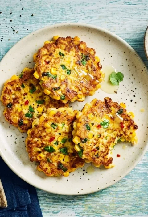 Gordon Ramsay sweetcorn fritters golden and crispy with visible corn kernels coriander and chilli served with yoghurt dip