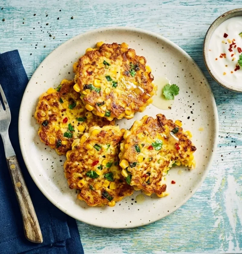 Gordon Ramsay sweetcorn fritters golden and crispy with visible corn kernels coriander and chilli served with yoghurt dip