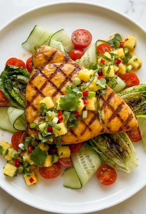 Gordon Ramsay griddled swordfish with pineapple chilli salsa on cherry tomatoes and cucumber
